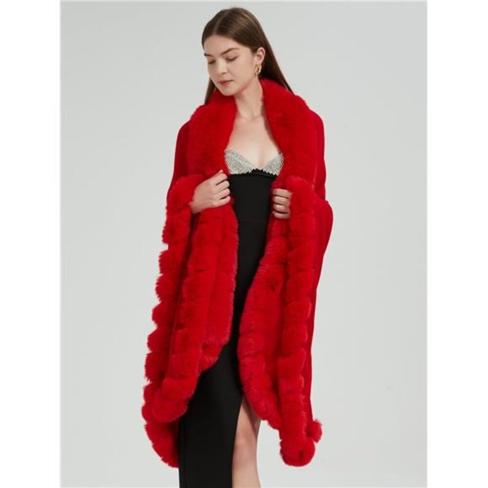 Cruelty Free FAUX FUR Lady in Red TRUE CRIMSON Cardigan Shawl Winter Cape - Picture 2 of 7